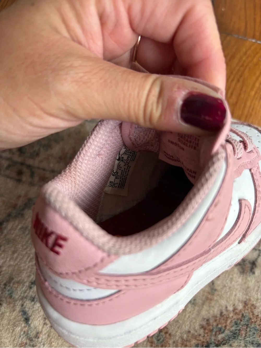 6C Toddler Girls Rose Pink & White Nike Slip On Dunks
